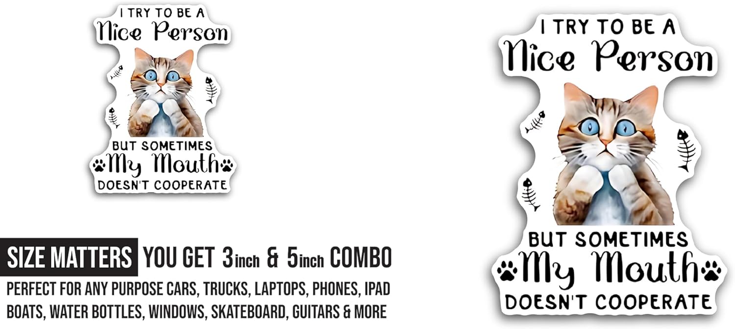 2 (Pieces) 3" and 5" I Try to Be A Nice Person Sticker, Waterproof Vinyl Decals for Many Purpose Like Cars, Trucks, Laptops, Phones, Windows and More