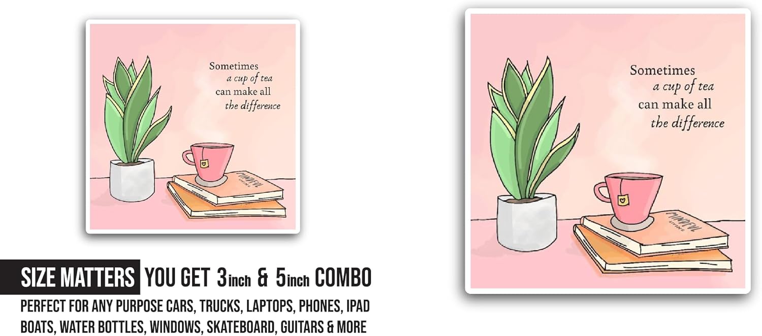2 (Pieces) 3" and 5" Tea Cup with Books Sticker, Waterproof Vinyl Decals for Many Purpose Like Cars, Trucks, Laptops, Phones, Windows and More