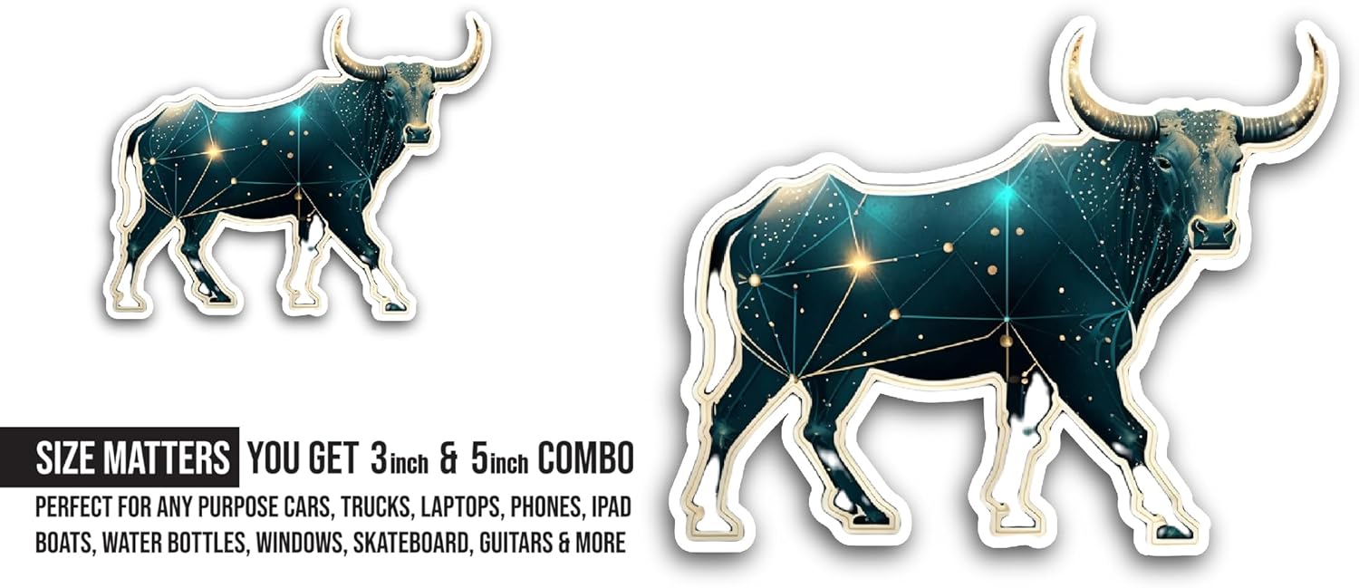 2 (Pieces) 3" and 5" Taurus Zodiac Sign Sticker, Waterproof Vinyl Decals for Many Purpose Like Cars, Trucks, Laptops, Phones, Windows and More