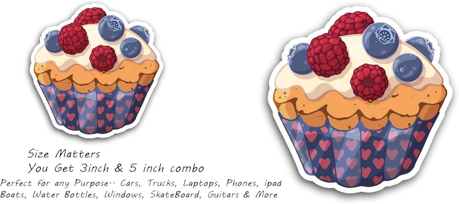 2 (Pieces) 3" and 5" Raspberry and Blueberry Cupcake Sticker, Waterproof Vinyl Decals for Many Purpose Like Cars, Trucks, Laptops, Phones, Windows and More