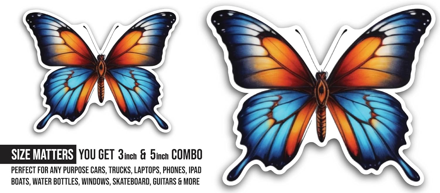 2 (Pieces) 3" and 5" Close Up of A Butterfly Sticker, Waterproof Vinyl Decals for Many Purpose Like Cars, Trucks, Laptops, Phones, Windows and More