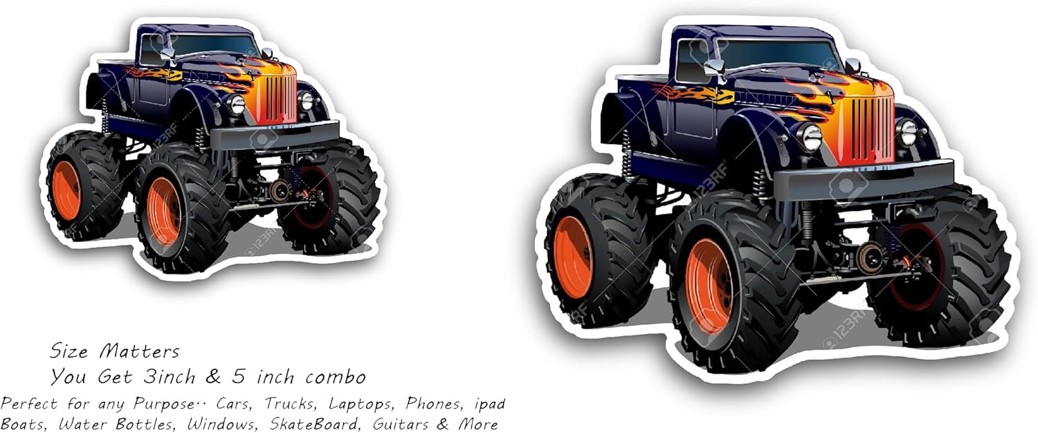 2 (Pieces) 3" and 5" Truck with Flames Sticker, Waterproof Vinyl Decals for Many Purpose Like Cars, Trucks, Laptops, Phones, Windows and More