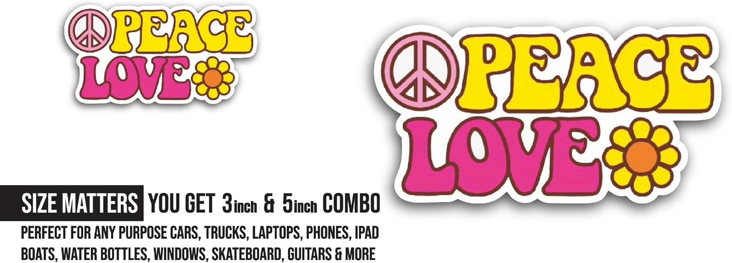 2 (Pieces) 3" and 5" Peace Love Sticker, Waterproof Vinyl Decals for Many Purpose Like Cars, Trucks, Laptops, Phones, Windows and More