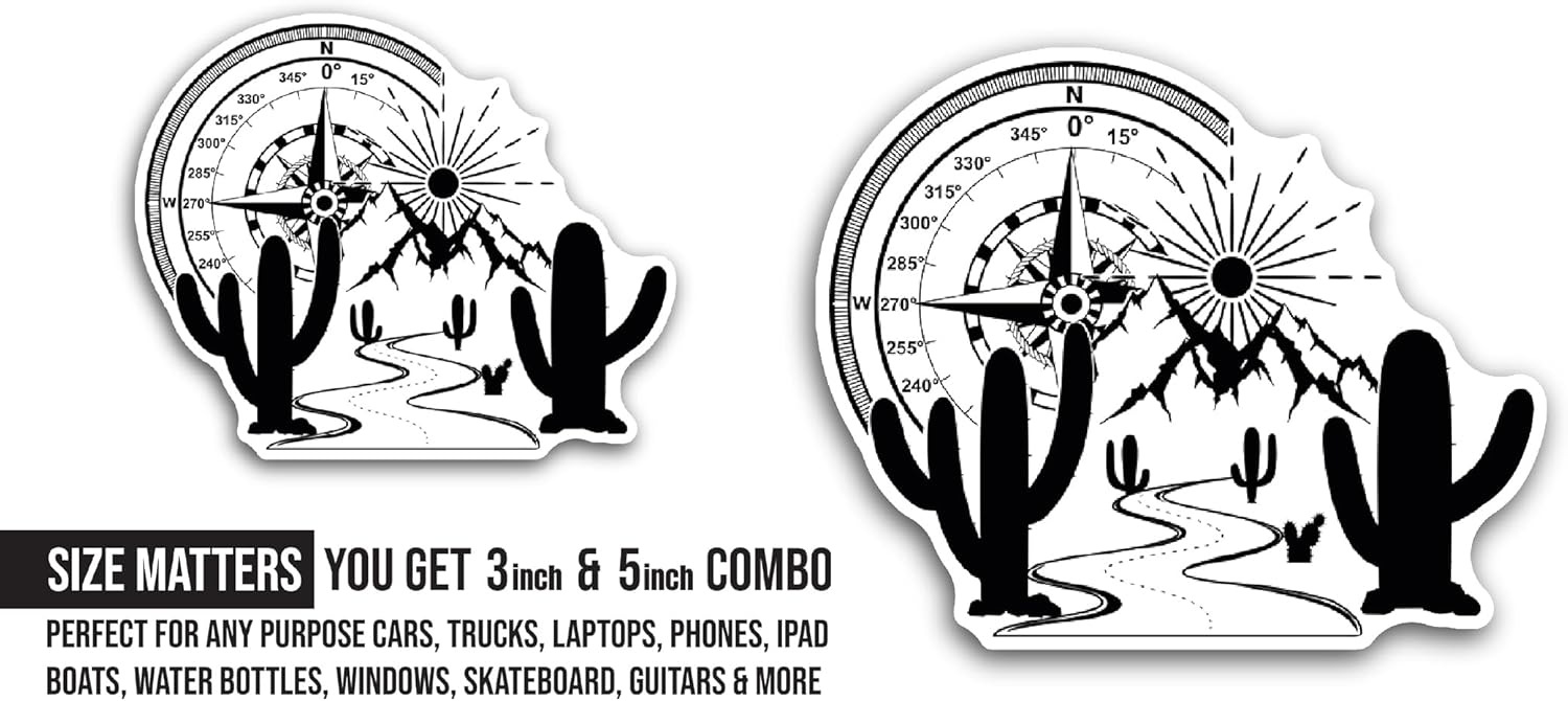 2 (Pieces) 3" and 5" Compass with Cactus Sticker, Waterproof Vinyl Decals for Many Purpose Like Cars, Trucks, Laptops, Phones, Windows and More