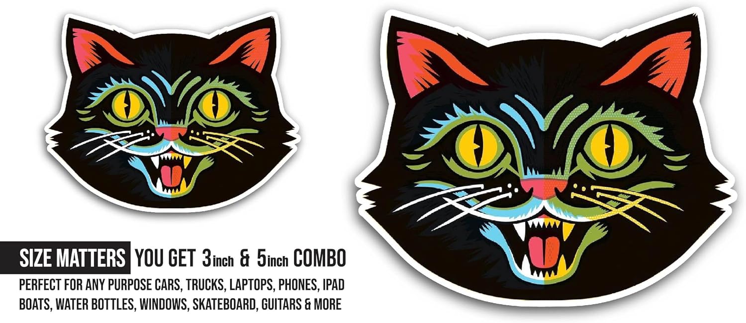 2 (Pieces) 3" and 5" Black Cat Head Sticker, Waterproof Vinyl Decals for Many Purpose Like Cars, Trucks, Laptops, Phones, Windows and More