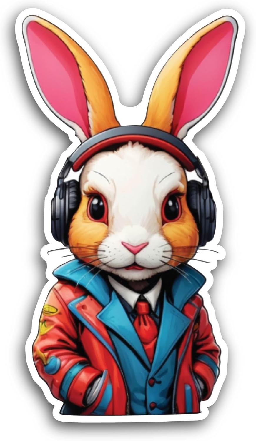 2 (Pieces) 3" and 5" Rabbit in A Jacket and Headphones Sticker, Waterproof Vinyl Decals for Many Purpose Like Cars, Trucks, Laptops, Phones, Windows and More
