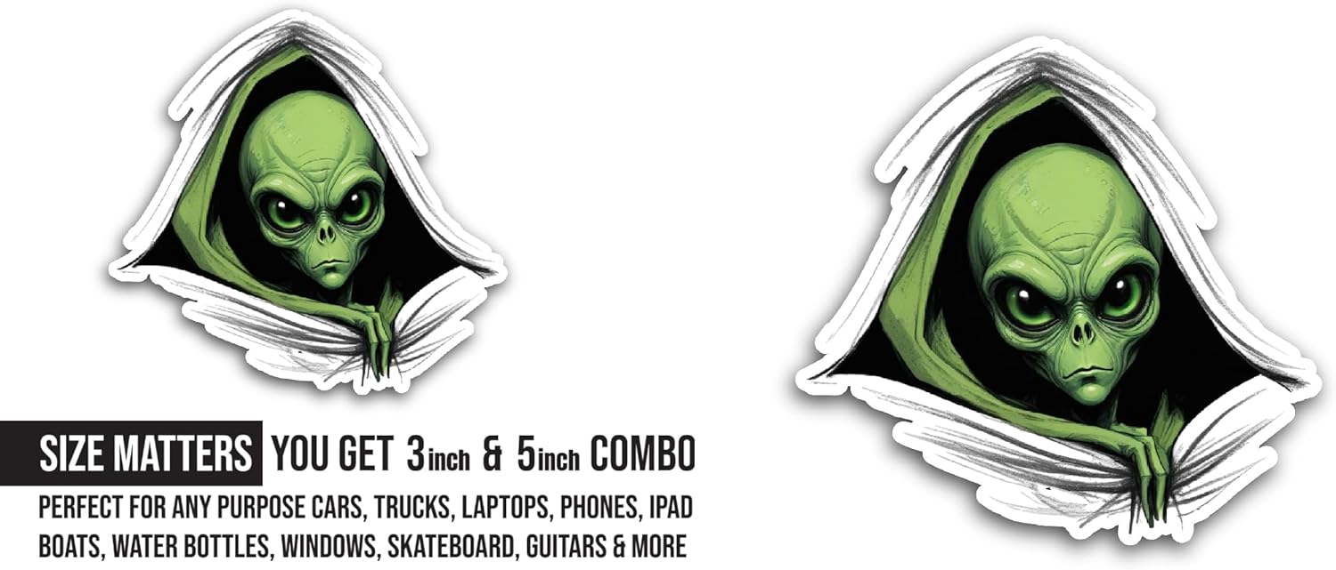 2 (Pieces) 3" and 5" Green Alien Sticker, Waterproof Vinyl Decals for Many Purpose Like Cars, Trucks, Laptops, Phones, Windows and More