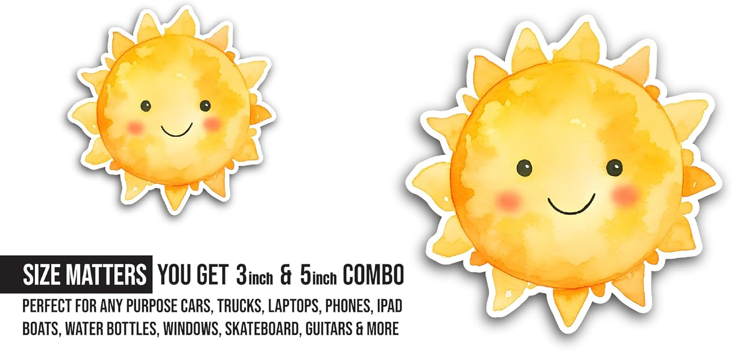 2 (Pieces) 3" and 5" Cute Yellow Sun Sticker, Waterproof Vinyl Decals for Many Purpose Like Cars, Trucks, Laptops, Phones, Windows and More
