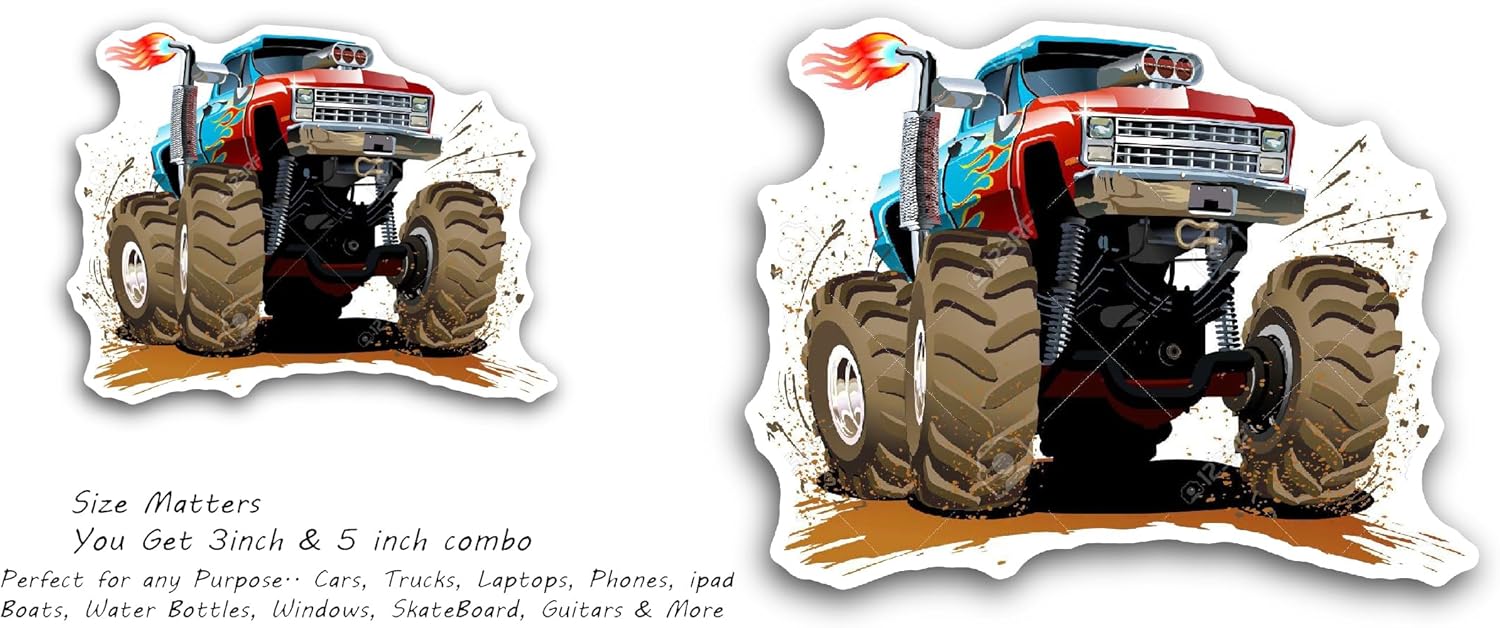 2 (Pieces) 3" and 5" Big Monster Truck Sticker, Waterproof Vinyl Decals for Many Purpose Like Cars, Trucks, Laptops, Phones, Windows and More