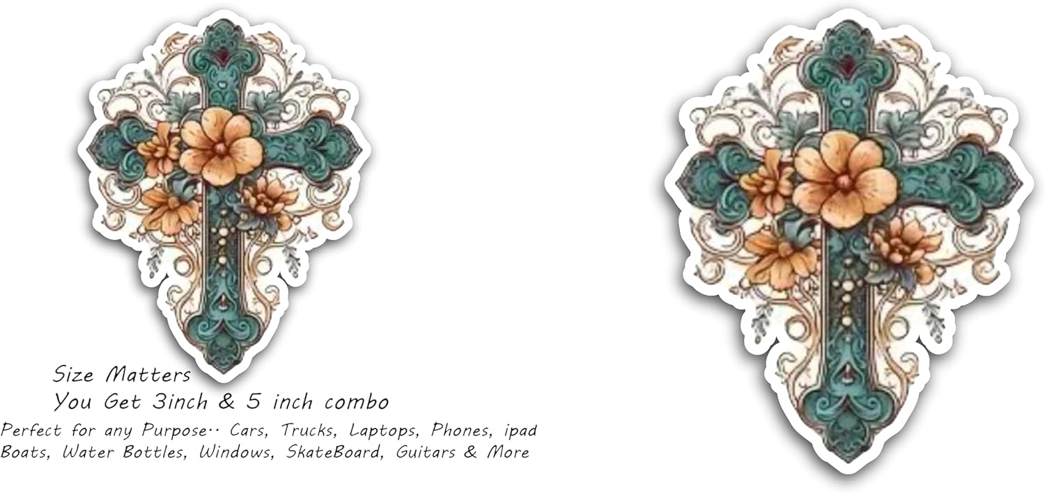 2 (Pieces) 3" and 5" Blue Cross with Orange Flower Decal Sticker, Waterproof Vinyl Decals for Many Purpose Like Cars, Trucks, Laptops, Phones, Windows and More
