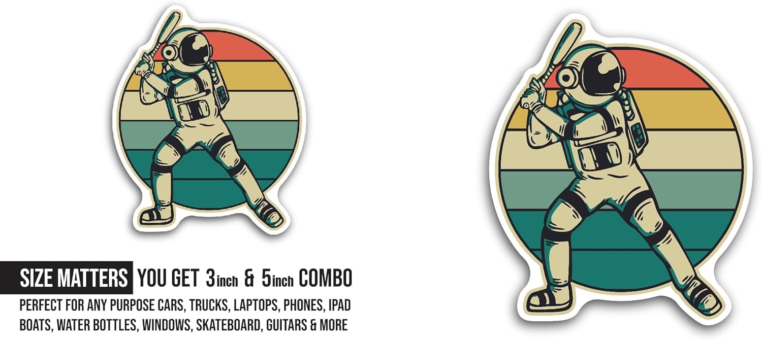 2 (Pieces) 3" and 5" Astronaut Playing Baseball Sticker, Waterproof Vinyl Decals for Many Purpose Like Cars, Trucks, Laptops, Phones, Windows and More