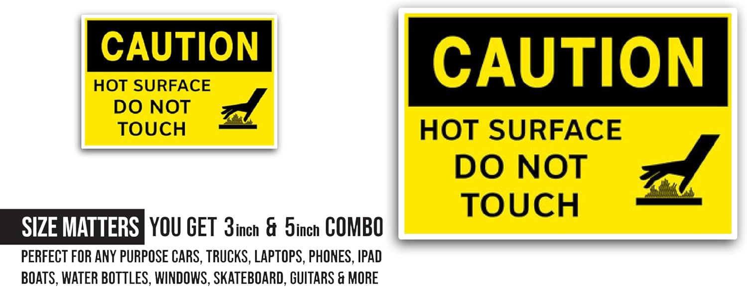 2 (Pieces) 3" and 5" Caution Hot Surface Sticker, Waterproof Vinyl Decals for Many Purpose Like Cars, Trucks, Laptops, Phones, Windows and More