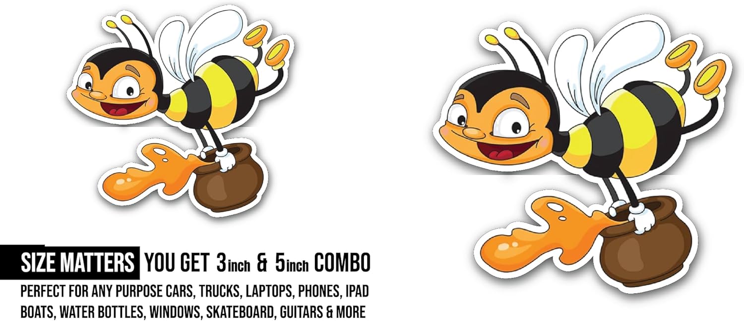 2 (Pieces) 3" and 5" Bee with Honey Sticker, Waterproof Vinyl Decals for Many Purpose Like Cars, Trucks, Laptops, Phones, Windows and More