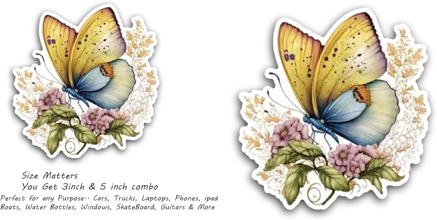 2 (Pieces) 3" and 5" Butterfly with Flowers and Leaves Sticker, Waterproof Vinyl Decals for Many Purpose Like Cars, Trucks, Laptops, Phones, Windows and More