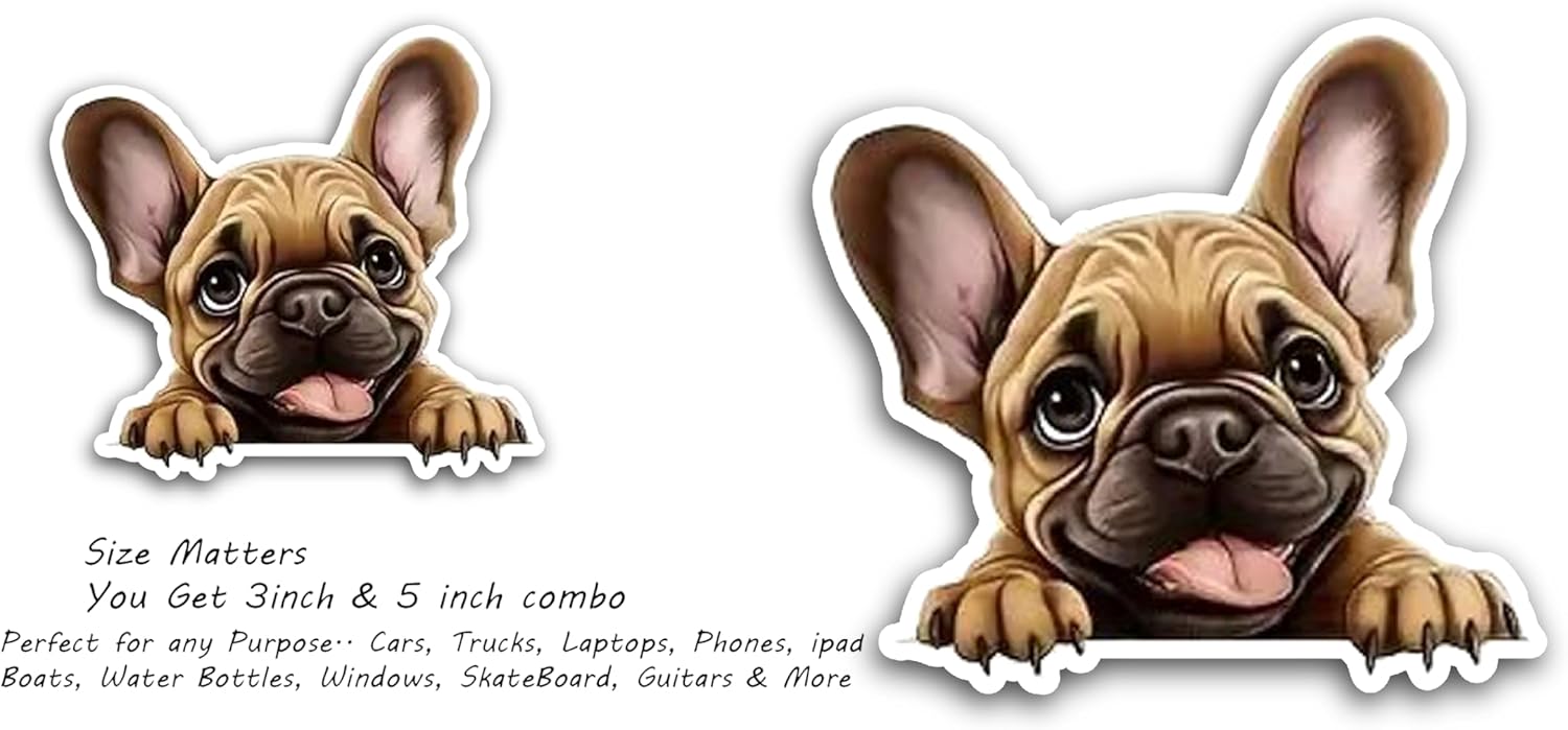 2 (Pieces) 3" and 5" Brown French Bull Dog Decal Sticker, Waterproof Vinyl Decals for Many Purpose Like Cars, Trucks, Laptops, Phones, Windows and More