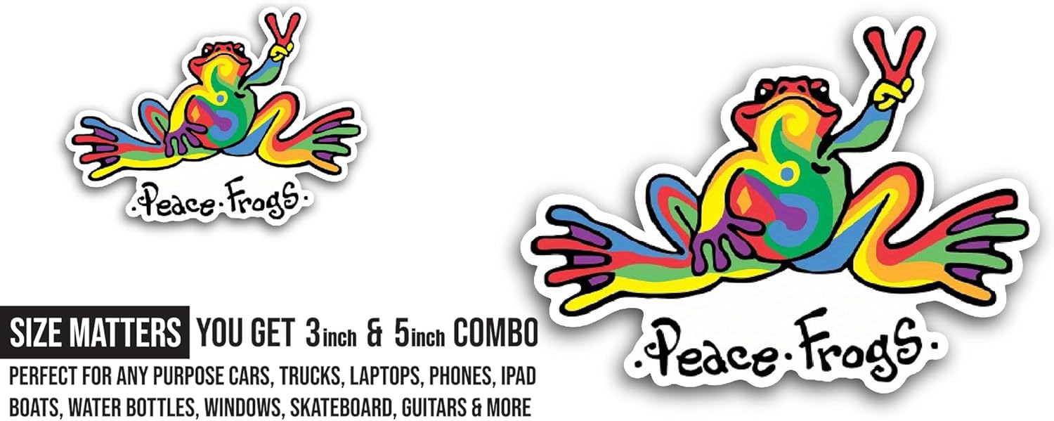 2 (Pieces) 3" and 5" Peace Frogs Sticker, Waterproof Vinyl Decals for Many Purpose Like Cars, Trucks, Laptops, Phones, Windows and More