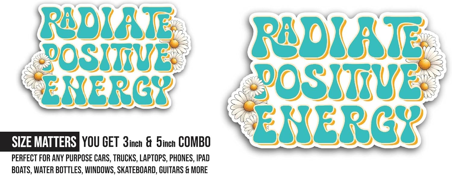 2 (Pieces) 3" and 5" Radiate Positive Energy Sticker, Waterproof Vinyl Decals for Many Purpose Like Cars, Trucks, Laptops, Phones, Windows and More