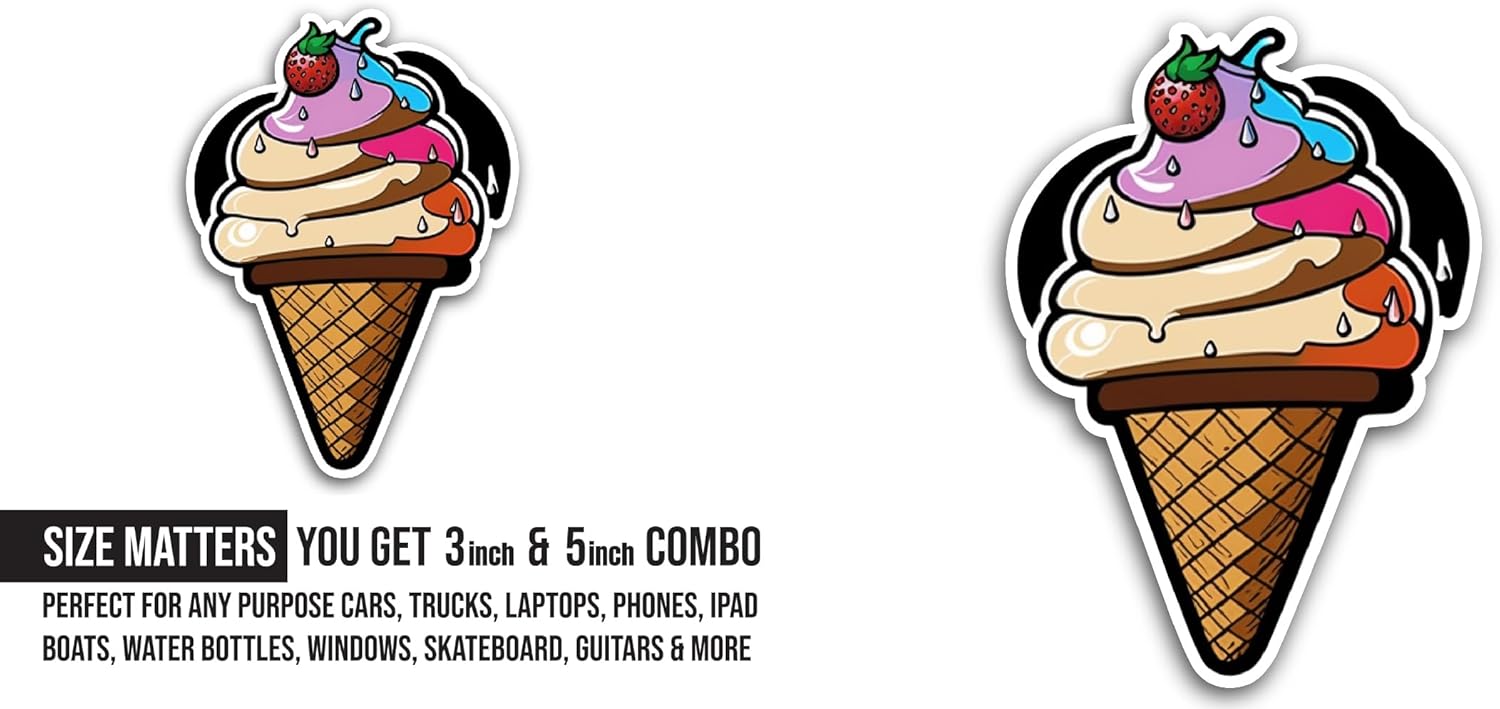 2 (Pieces) 3" and 5" Ice Cream with Strawberry On Top Sticker, Waterproof Vinyl Decals for Many Purpose Like Cars, Trucks, Laptops, Phones, Windows and More