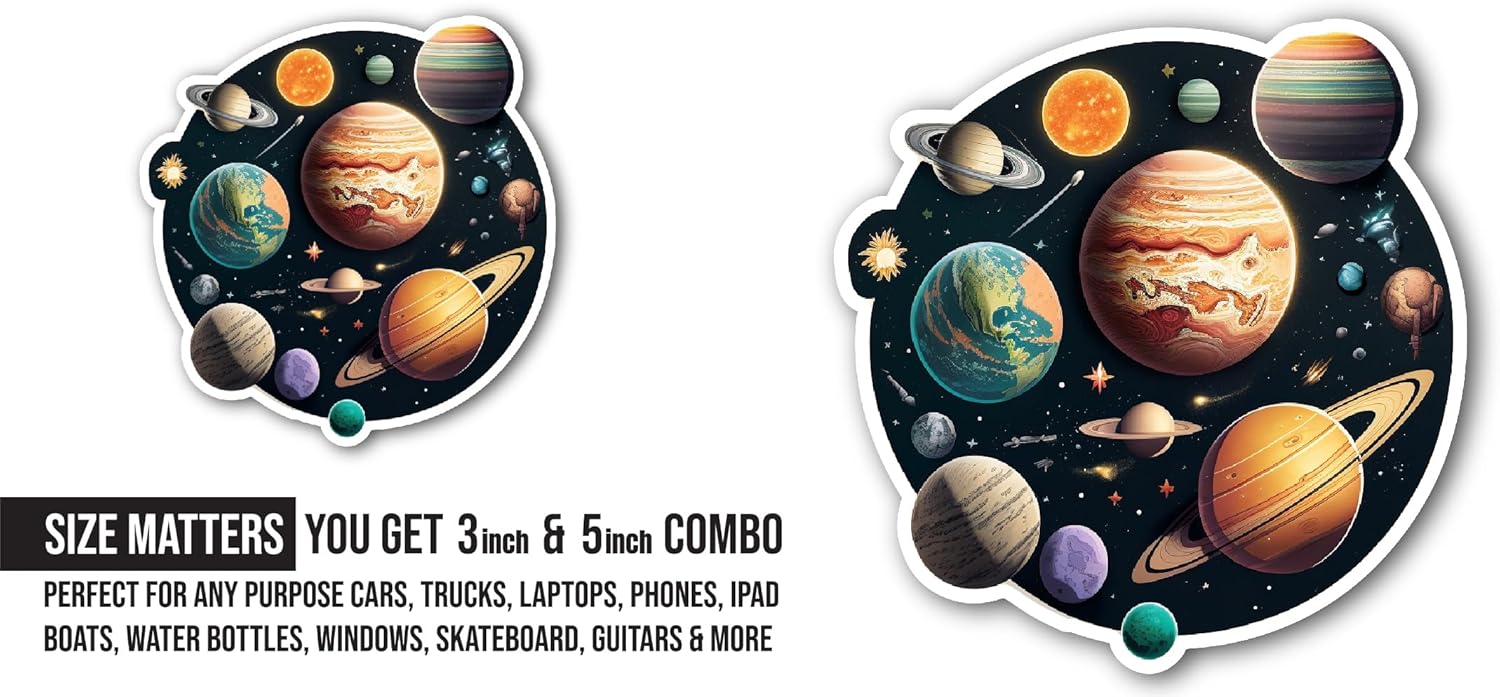 2 (Pieces) 3" and 5" Solar System Sticker, Waterproof Vinyl Decals for Many Purpose Like Cars, Trucks, Laptops, Phones, Windows and More