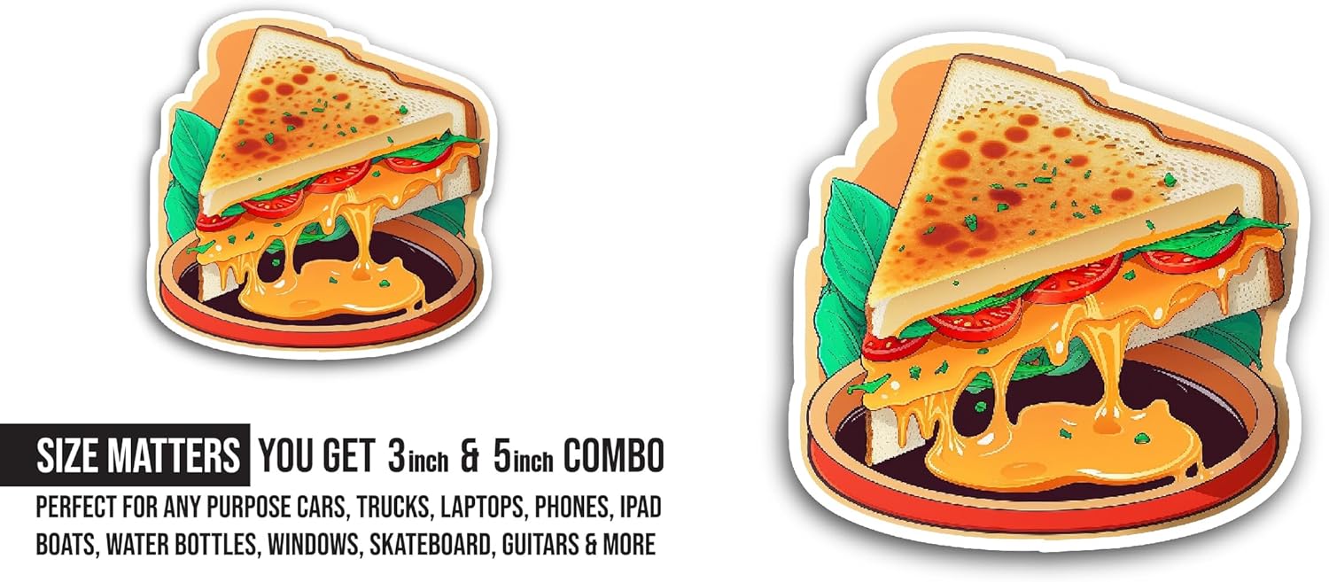 2 (Pieces) 3" and 5" Cheese Sandwich Sticker, Waterproof Vinyl Decals for Many Purpose Like Cars, Trucks, Laptops, Phones, Windows and More