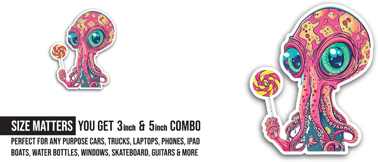 2 (Pieces) 3" and 5" Octopus Head Sticker, Waterproof Vinyl Decals for Many Purpose Like Cars, Trucks, Laptops, Phones, Windows and More