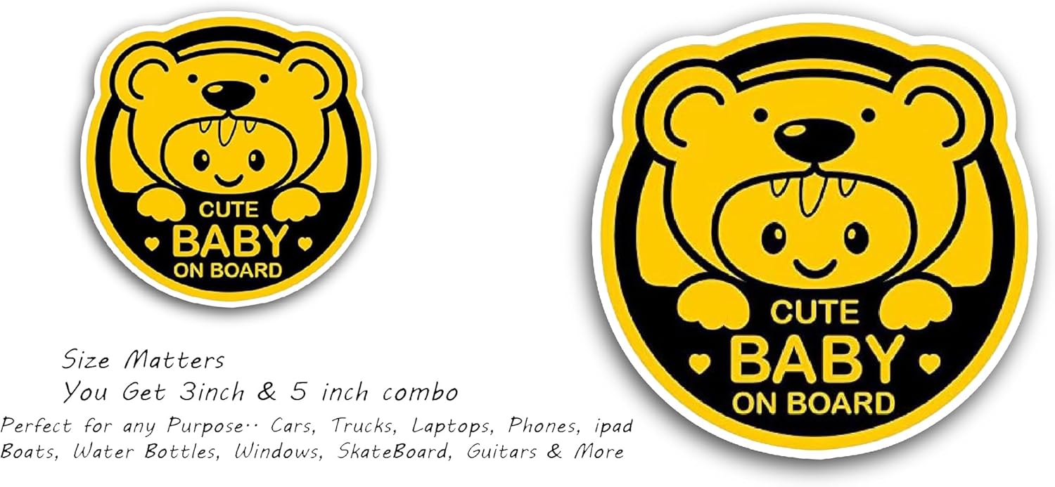 2 (Pieces) 3" and 5" Cute Baby on Board Sticker, Waterproof Vinyl Decals for Many Purpose Like Cars, Trucks, Laptops, Phones, Windows and More