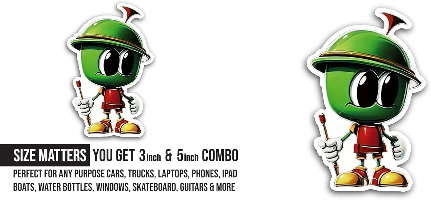 2 (Pieces) 3" and 5" Cartoon Character with Green Helmet Sticker, Waterproof Vinyl Decals for Many Purpose Like Cars, Trucks, Laptops, Phones, Windows and More