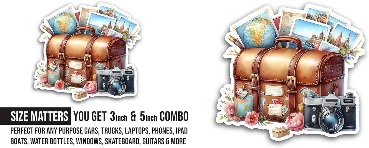 2 (Pieces) 3" and 5" Suitcase with Camera Sticker, Waterproof Vinyl Decals for Many Purpose Like Cars, Trucks, Laptops, Phones, Windows and More