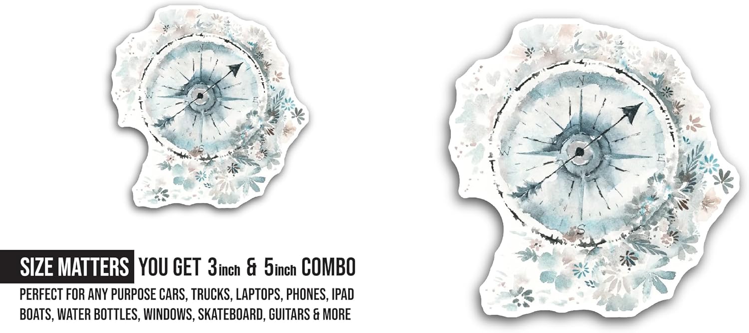 2 (Pieces) 3" and 5" Floral Compass Sticker, Waterproof Vinyl Decals for Many Purpose Like Cars, Trucks, Laptops, Phones, Windows and More
