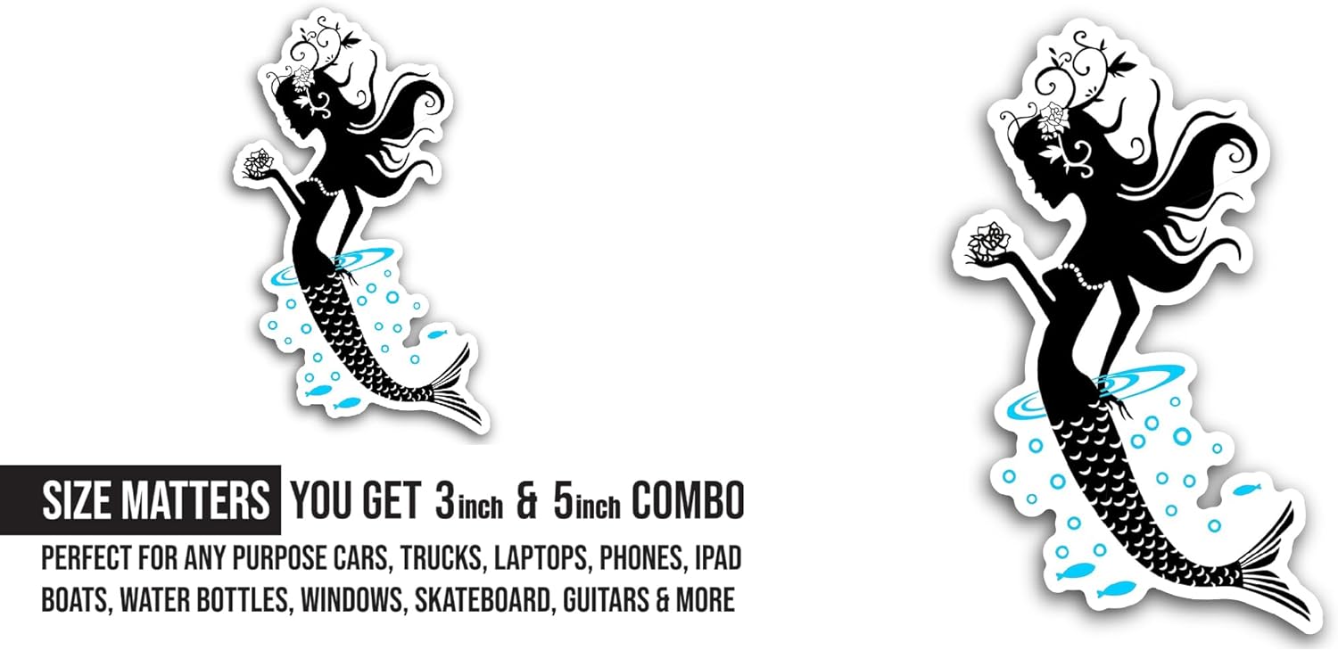 2 (Pieces) 3" and 5" Mermaid Sticker, Waterproof Vinyl Decals for Many Purpose Like Cars, Trucks, Laptops, Phones, Windows and More