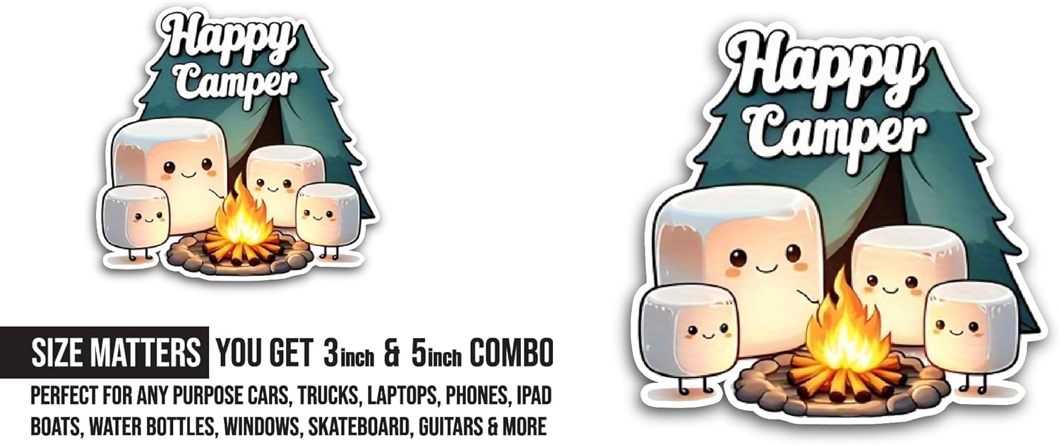 2 (Pieces) 3" and 5" Happy Camper Sticker, Waterproof Vinyl Decals for Many Purpose Like Cars, Trucks, Laptops, Phones, Windows and More
