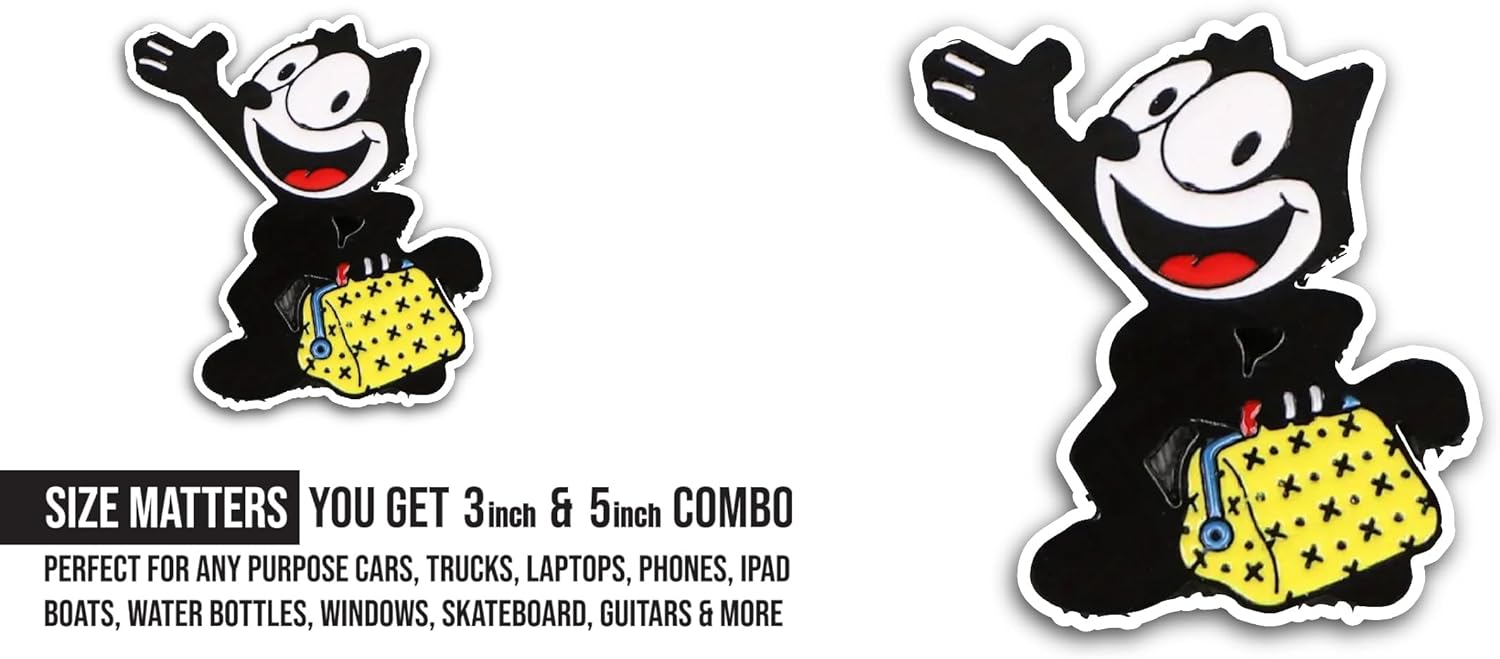 2 (Pieces) 3" and 5" Black Cat with Yellow Bag Sticker, Waterproof Vinyl Decals for Many Purpose Like Cars, Trucks, Laptops, Phones, Windows and More