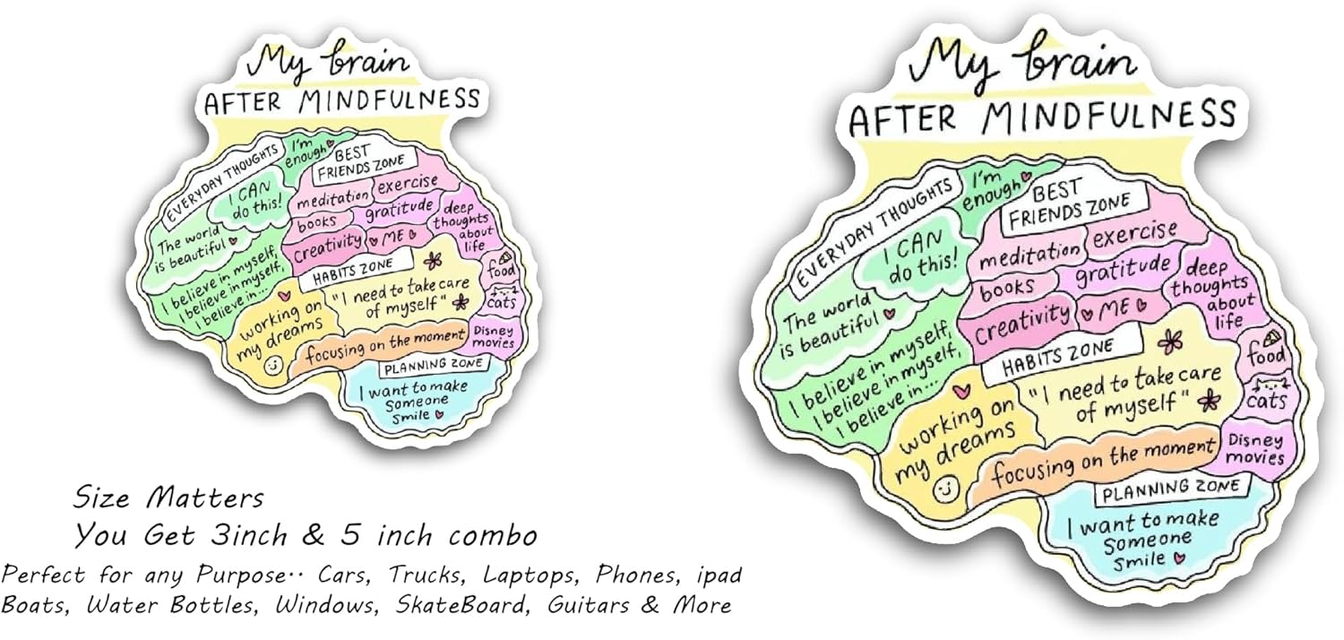 2 (Pieces) 3" and 5" My Brain After Mindfulness Text Sticker, Waterproof Vinyl Decals for Many Purpose Like Cars, Trucks, Laptops, Phones, Windows and More