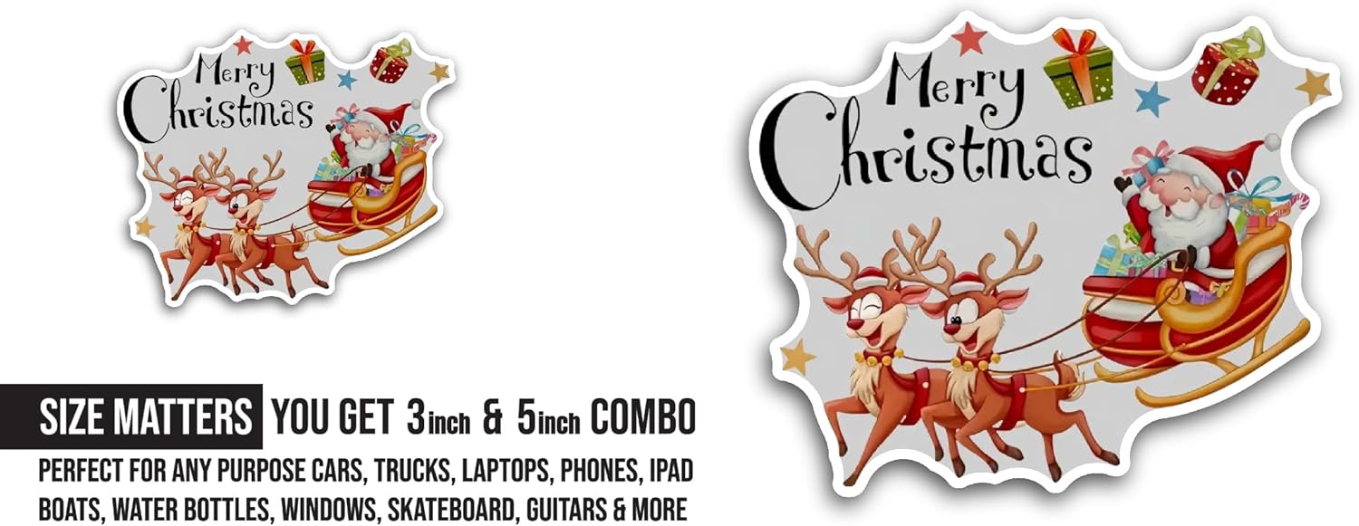 2 (Pieces) 3" and 5" Merry Christmas Sticker, Waterproof Vinyl Decals for Many Purpose Like Cars, Trucks, Laptops, Phones, Windows and More