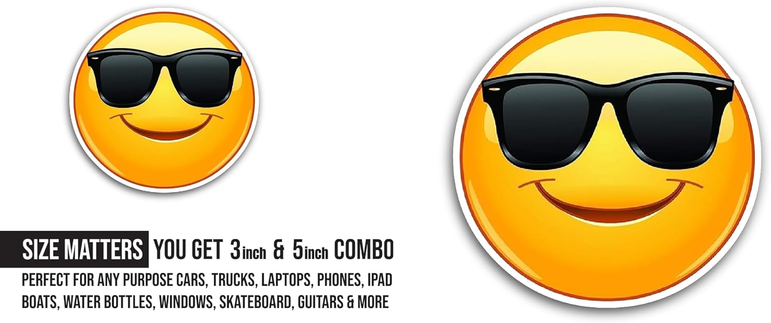 2 (Pieces) 3" and 5" Smiley Face with Sunglass Sticker, Waterproof Vinyl Decals for Many Purpose Like Cars, Trucks, Laptops, Phones, Windows and More