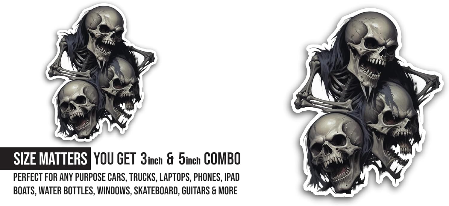 2 (Pieces) 3" and 5" Skull with Skulls Sticker, Waterproof Vinyl Decals for Many Purpose Like Cars, Trucks, Laptops, Phones, Windows and More