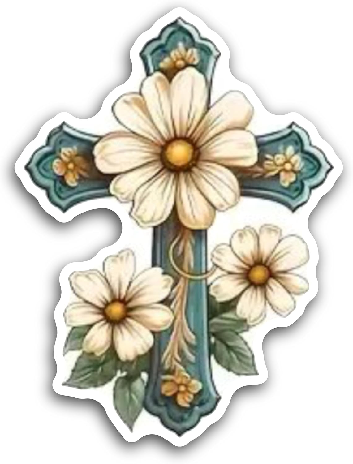 2 (Pieces) 3" and 5" Cross with Daisy Flowers Decal Sticker, Waterproof Vinyl Decals for Many Purpose Like Cars, Trucks, Laptops, Phones, Windows and More