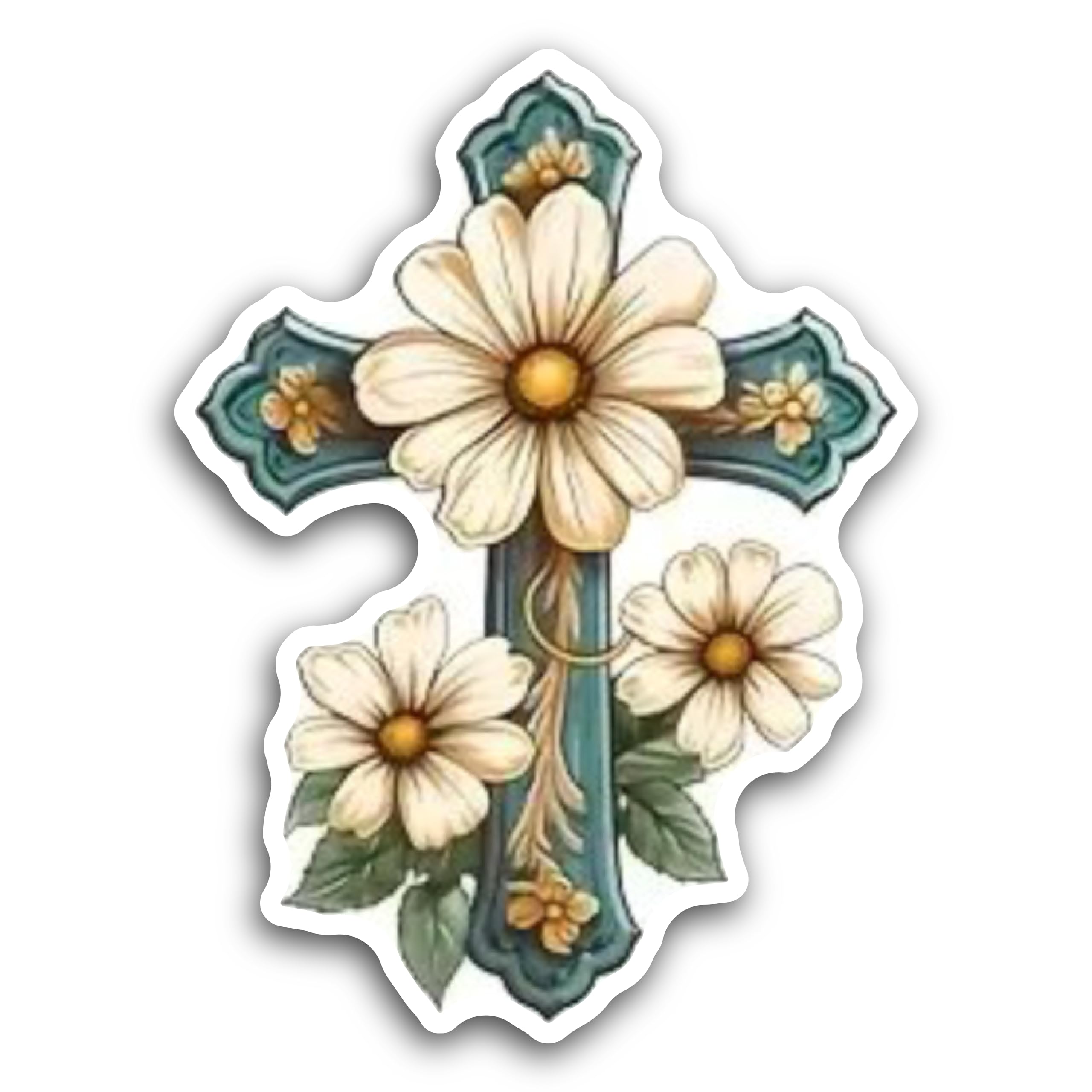 2 (Pieces) 3" and 5" Cross with Daisy Flowers Decal Sticker, Waterproof Vinyl Decals for Many Purpos