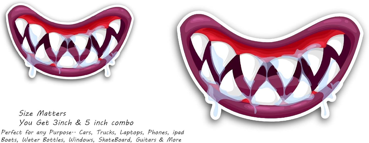 2 (Pieces) 3" and 5" Vampire Monster Smile Sticker, Waterproof Vinyl Decals for Many Purpose Like Cars, Trucks, Laptops, Phones, Windows and More