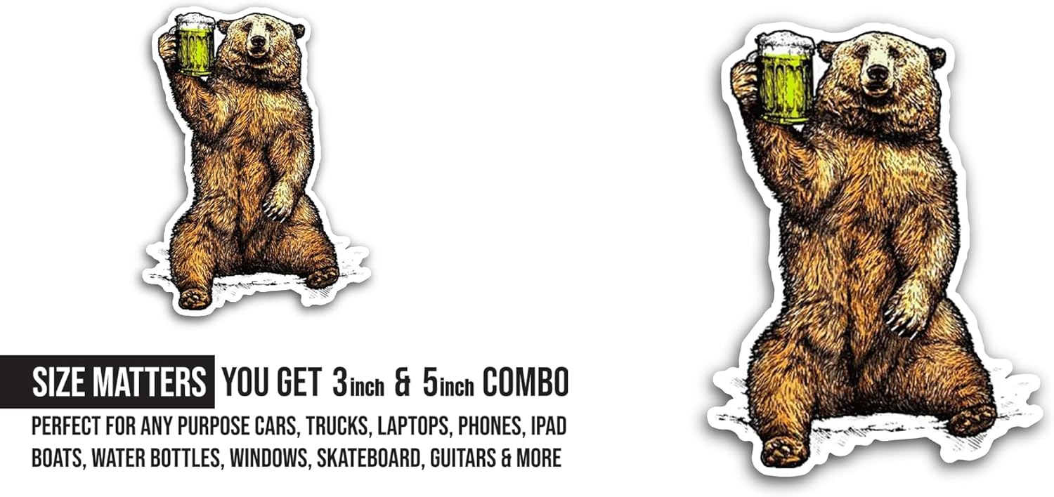 2 (Pieces) 3" and 5" Bear Drinking Beer Sticker, Waterproof Vinyl Decals for Many Purpose Like Cars, Trucks, Laptops, Phones, Windows and More