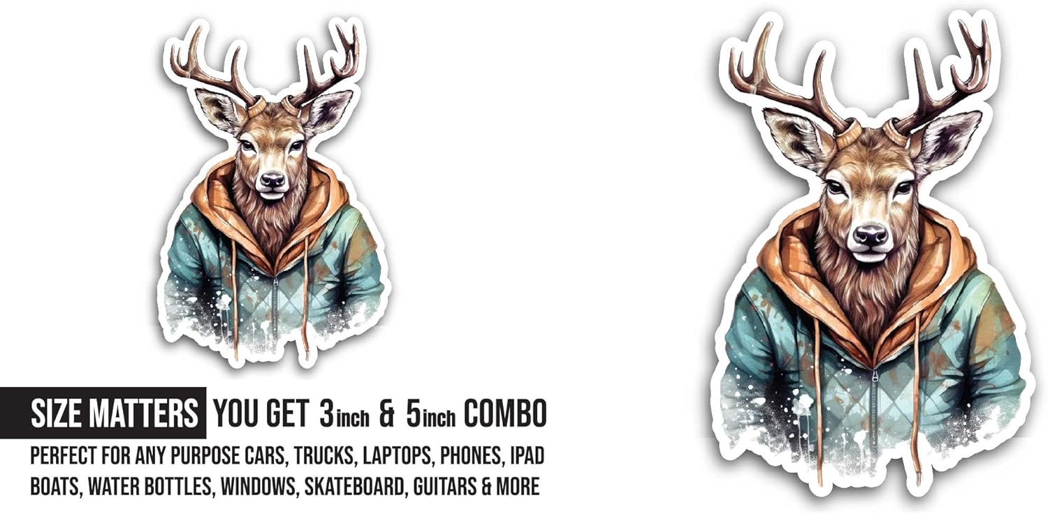 2 (Pieces) 3" and 5" Deer Wearing Jacket Sticker, Waterproof Vinyl Decals for Many Purpose Like Cars, Trucks, Laptops, Phones, Windows and More