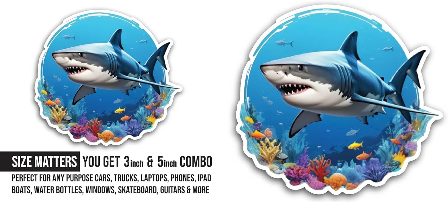 2 (Pieces) 3" and 5" Cartoon Shark Sticker, Waterproof Vinyl Decals for Many Purpose Like Cars, Trucks, Laptops, Phones, Windows and More