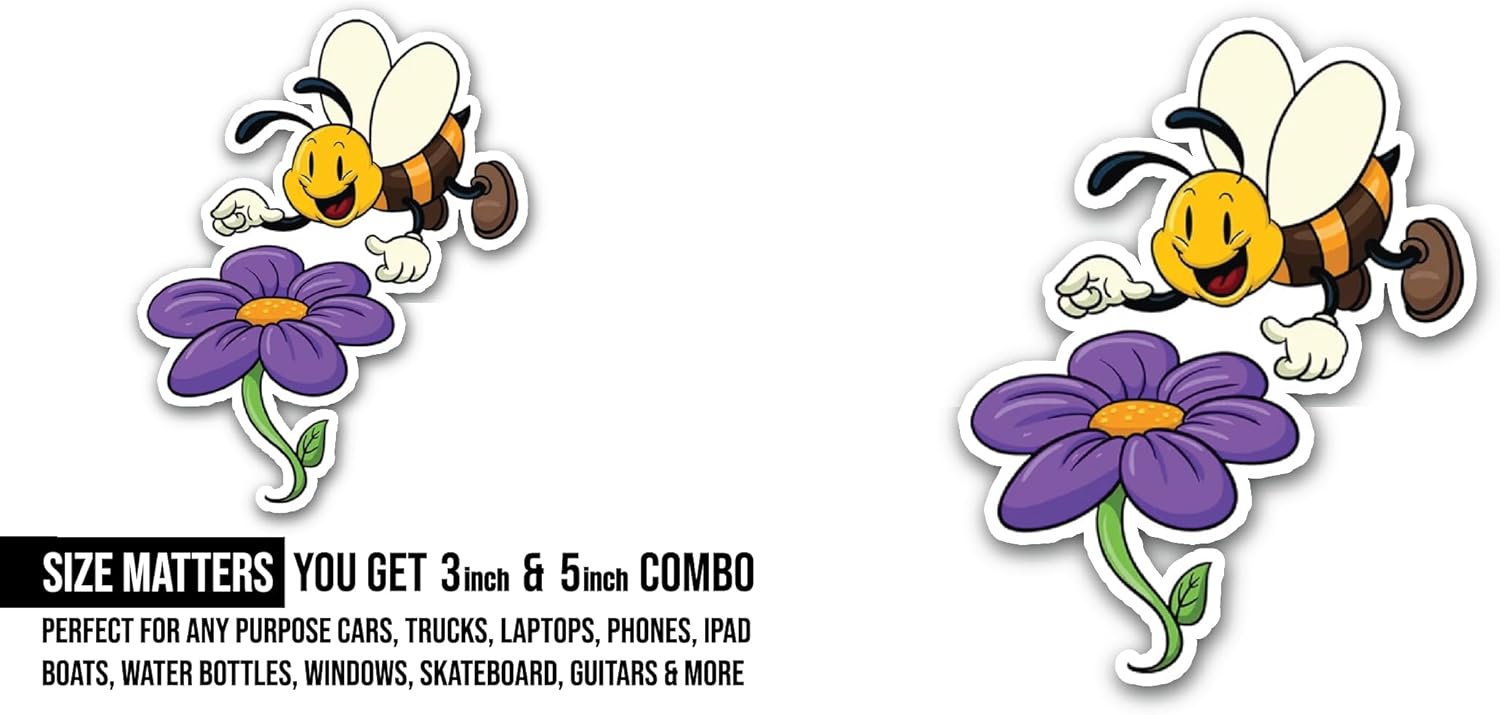 2 (Pieces) 3" and 5" Smiling Bee with Flower Sticker, Waterproof Vinyl Decals for Many Purpose Like Cars, Trucks, Laptops, Phones, Windows and More