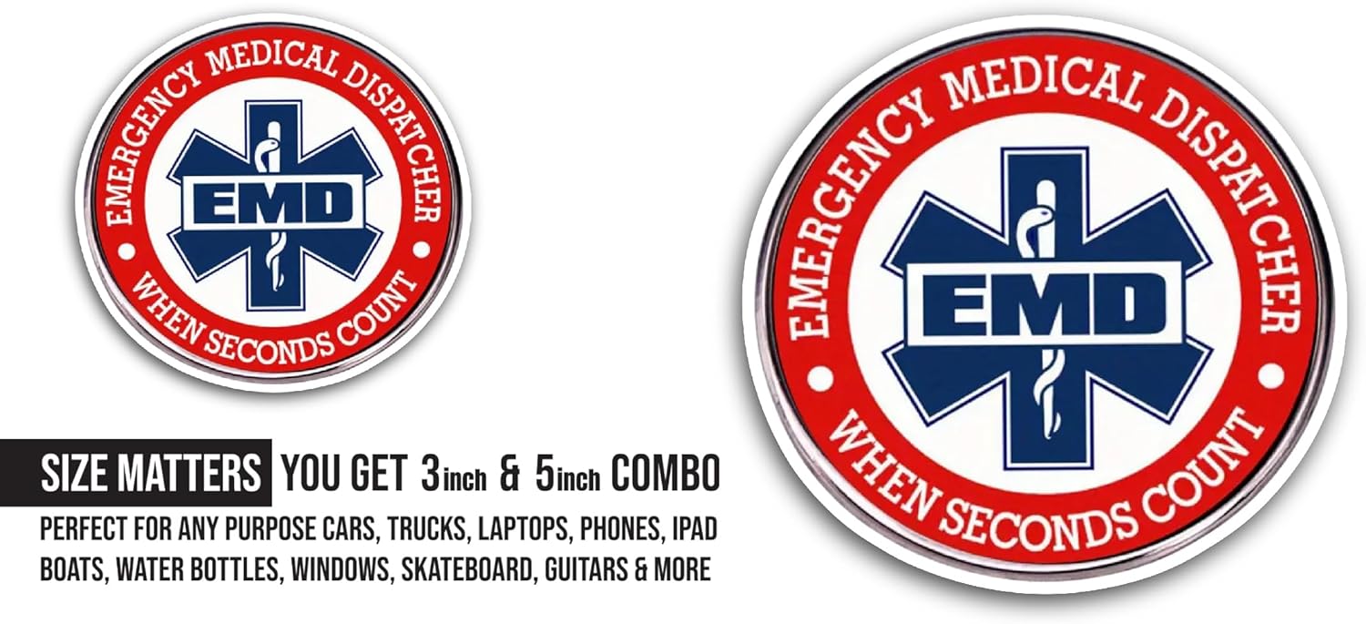 2 (Pieces) 3" and 5" Emergency Medical Dispatcher Sticker, Waterproof Vinyl Decals for Many Purpose Like Cars, Trucks, Laptops, Phones, Windows and More