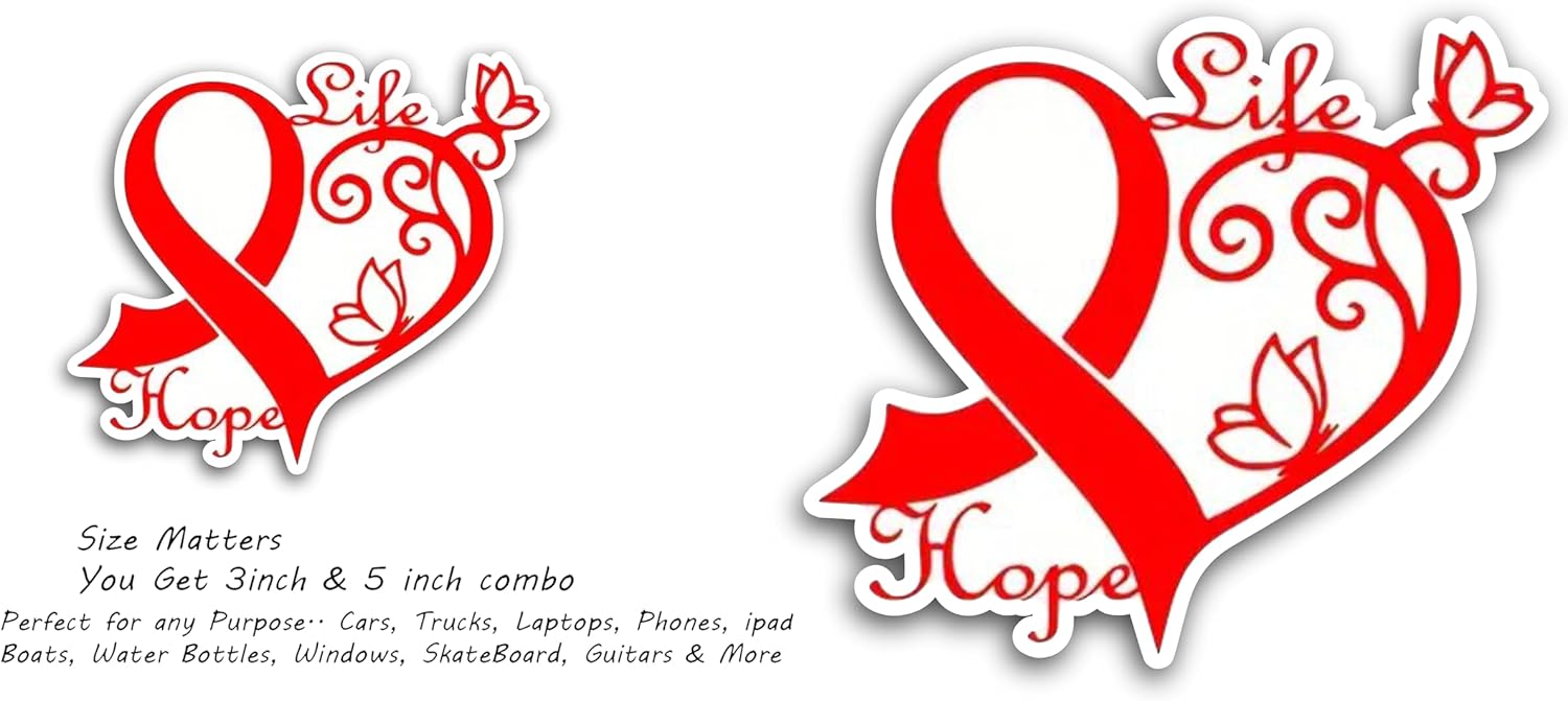 2 (Pieces) 3" and 5" Life Hope in red Color with Heart Decal Sticker, Waterproof Vinyl Decals for Many Purpose Like Cars, Trucks, Laptops, Phones, Windows and More