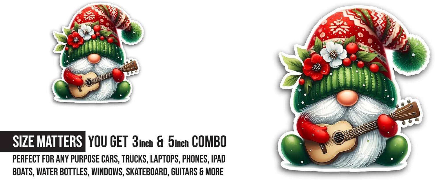 2 (Pieces) 3" and 5" Cute Christmas Gnome Cartoon Sticker, Waterproof Vinyl Decals for Many Purpose Like Cars, Trucks, Laptops, Phones, Windows and More