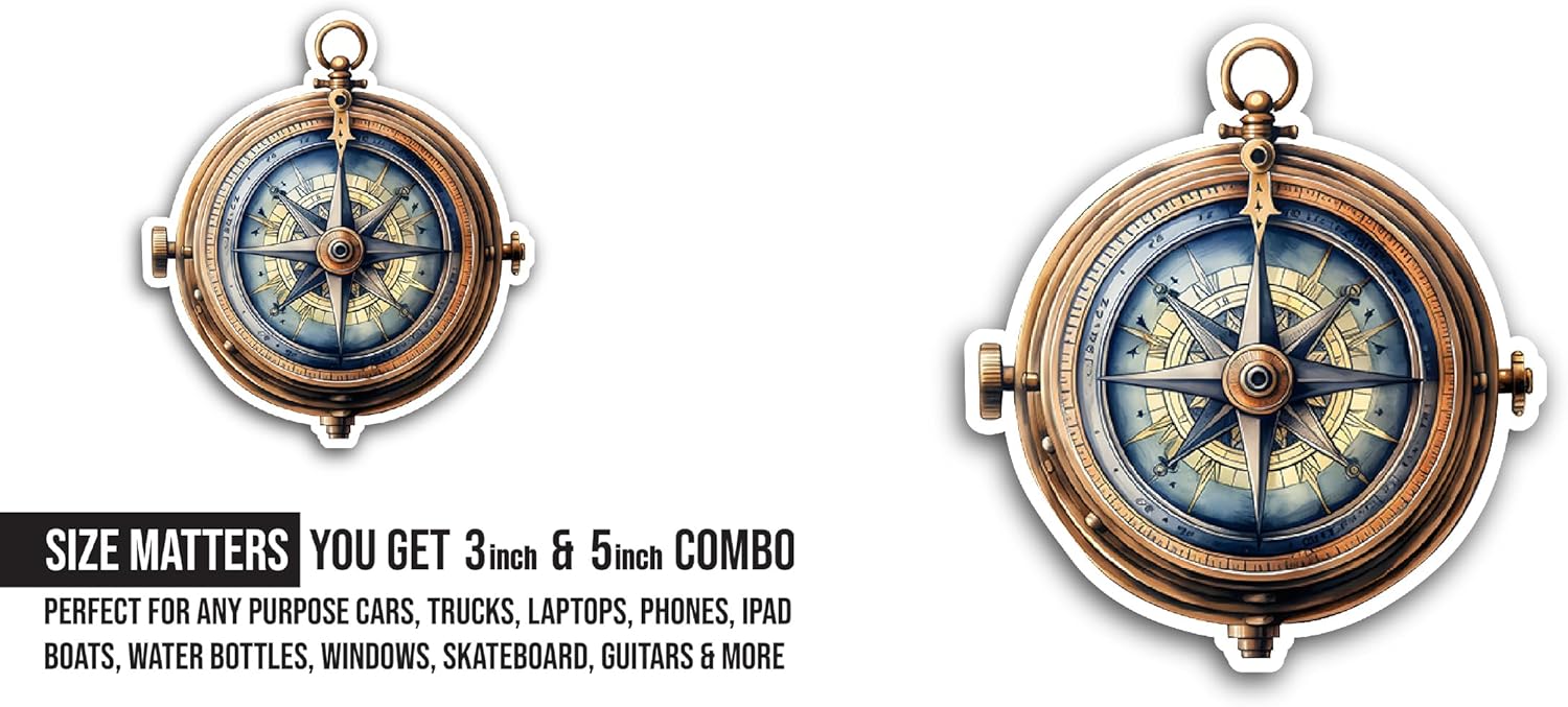 2 (Pieces) 3" and 5" Wooden Compass Sticker, Waterproof Vinyl Decals for Many Purpose Like Cars, Trucks, Laptops, Phones, Windows and More
