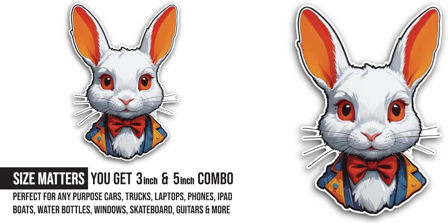 2 (Pieces) 3" and 5" Cute Bunny Sticker, Waterproof Vinyl Decals for Many Purpose Like Cars, Trucks, Laptops, Phones, Windows and More