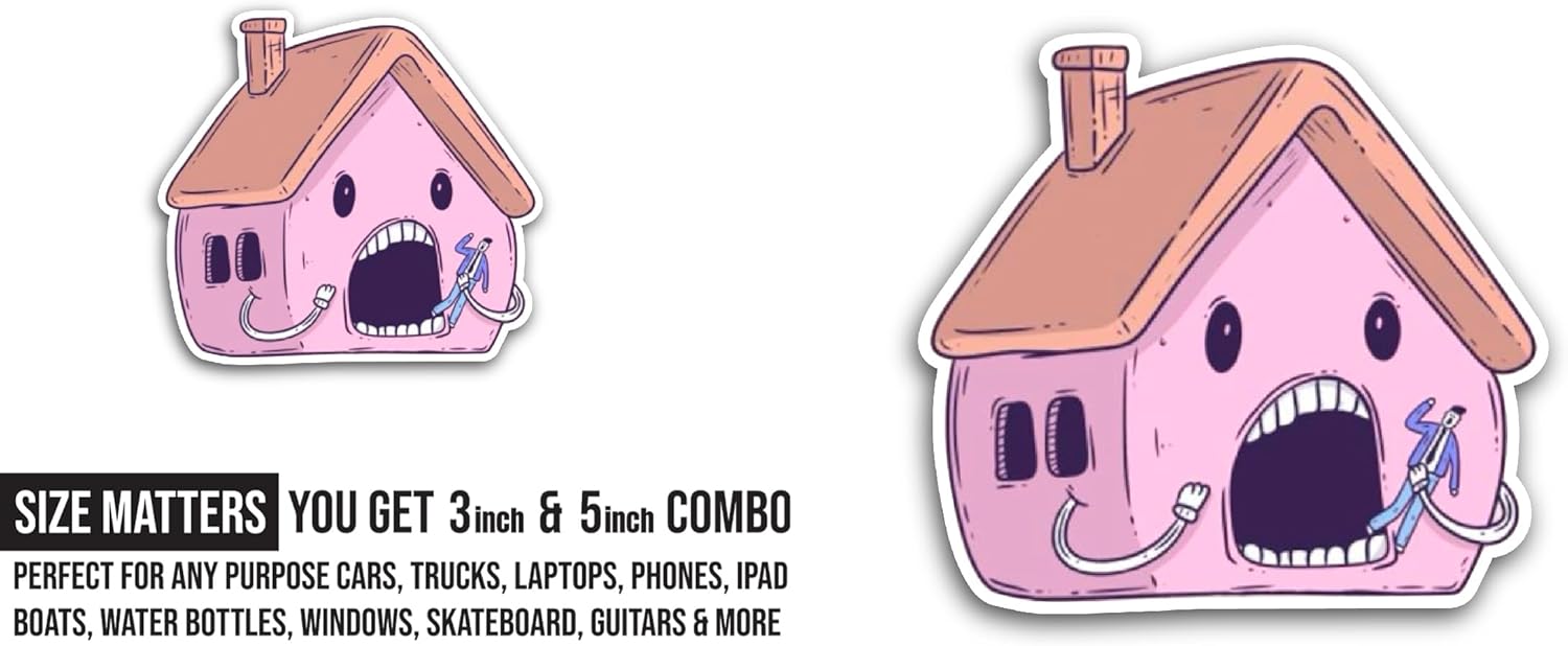 2 (Pieces) 3" and 5" Cartoon House Sticker, Waterproof Vinyl Decals for Many Purpose Like Cars, Trucks, Laptops, Phones, Windows and More