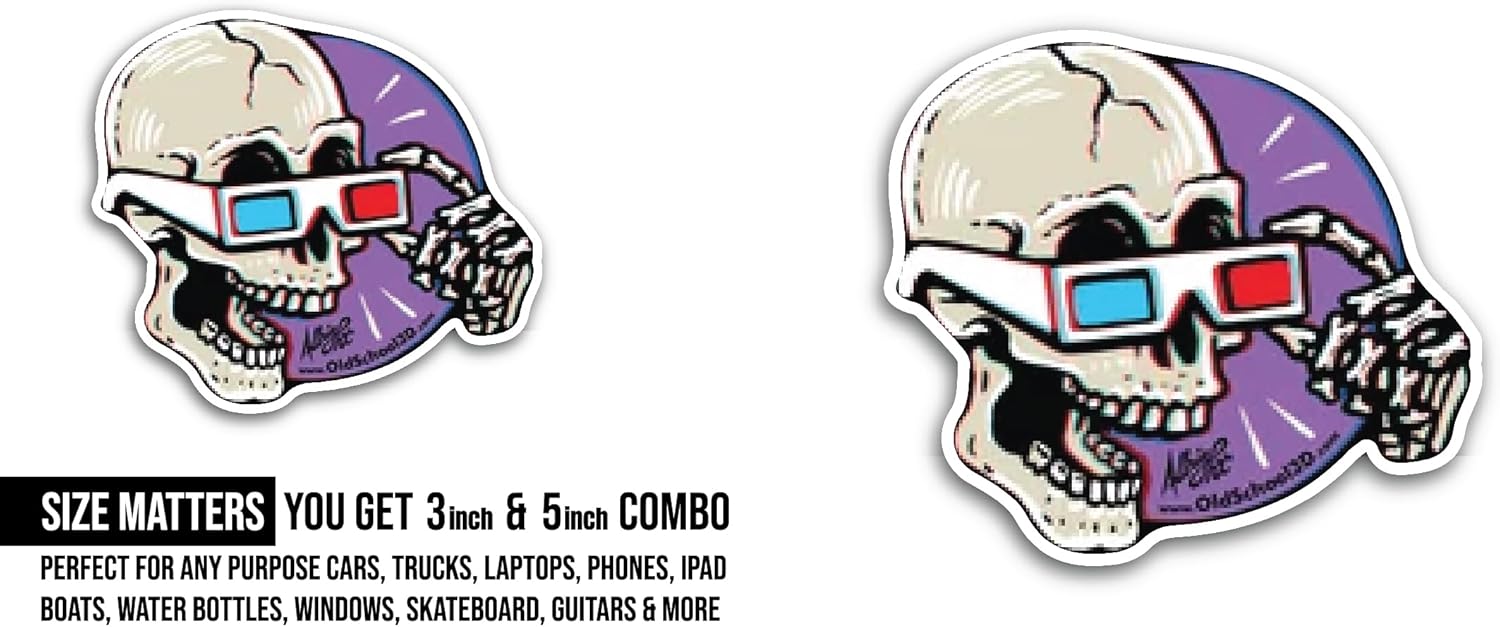 2 (Pieces) 3" and 5" Glasses with Skull Sticker, Waterproof Vinyl Decals for Many Purpose Like Cars, Trucks, Laptops, Phones, Windows and More